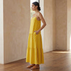 Yellow Cotton Poplin Drop-Waist Camisole Maxi Tier Dress