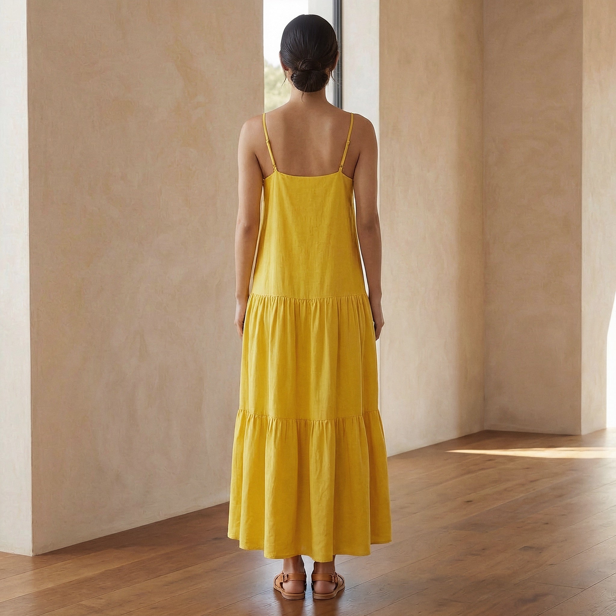 Yellow Cotton Poplin Drop-Waist Camisole Maxi Tier Dress