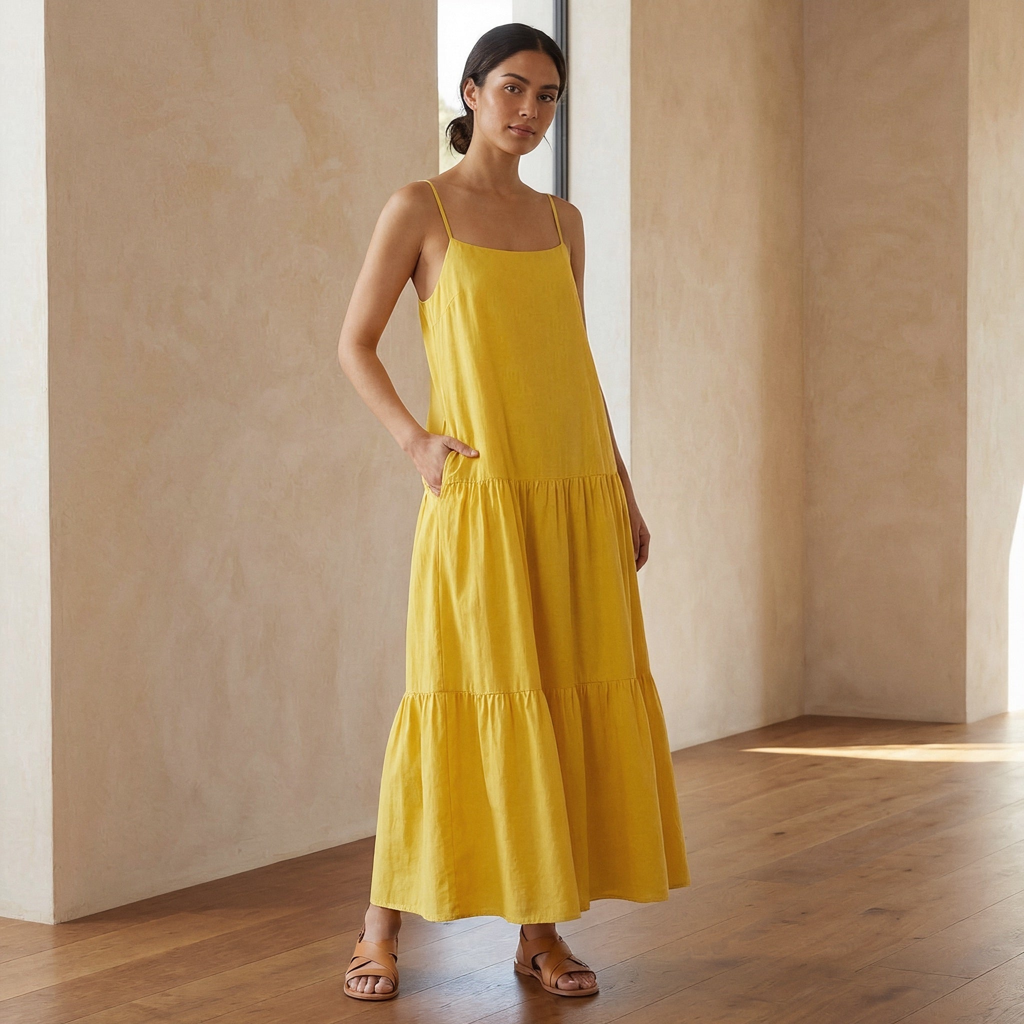 Yellow Cotton Poplin Drop-Waist Camisole Maxi Tier Dress