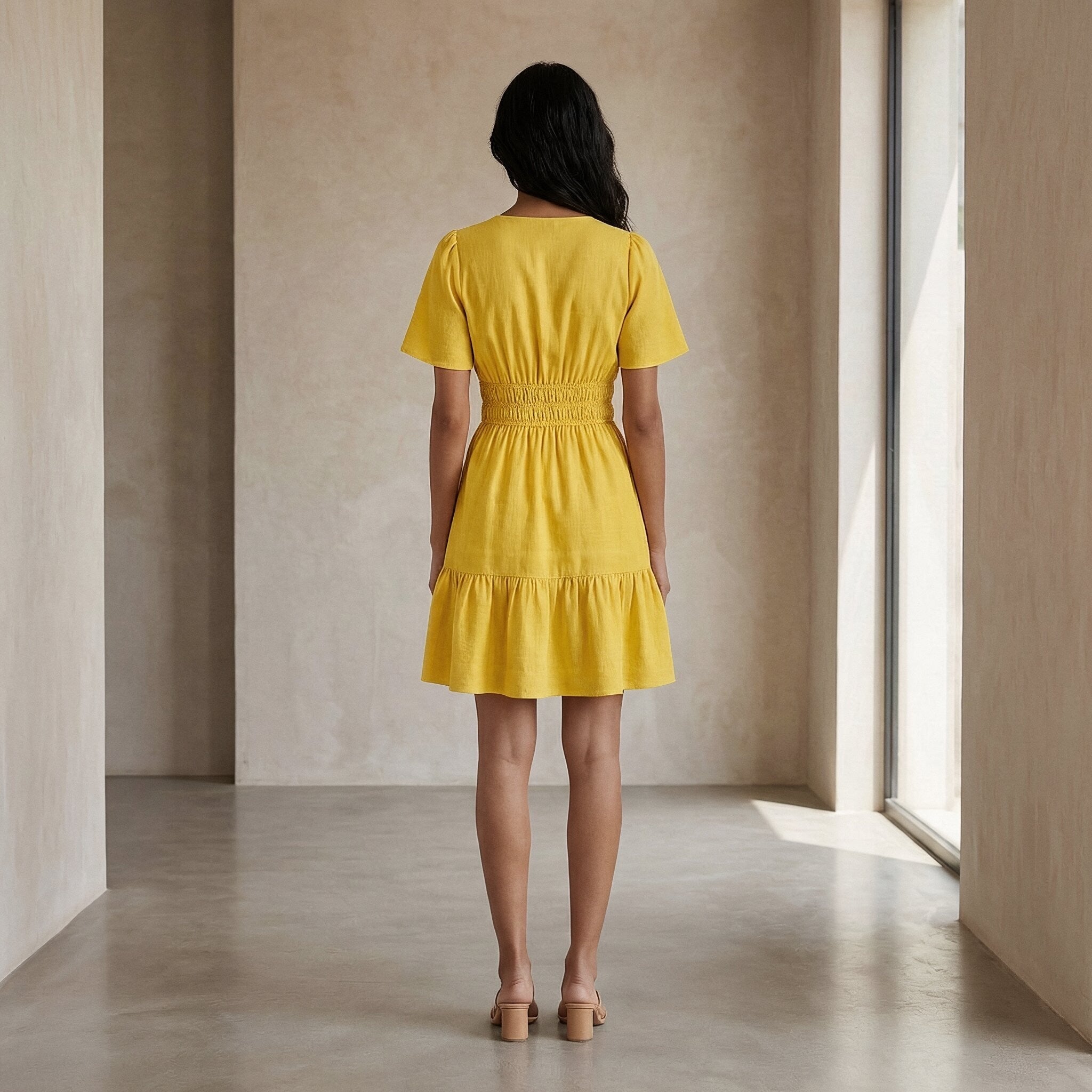Yellow Cotton Poplin Elasticated Short Tier Dress