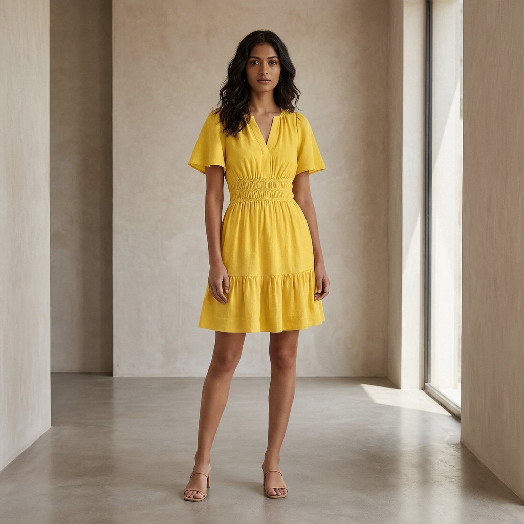 Yellow Cotton Poplin Elasticated Short Tier Dress