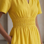 Yellow Cotton Poplin Elasticated Short Tier Dress