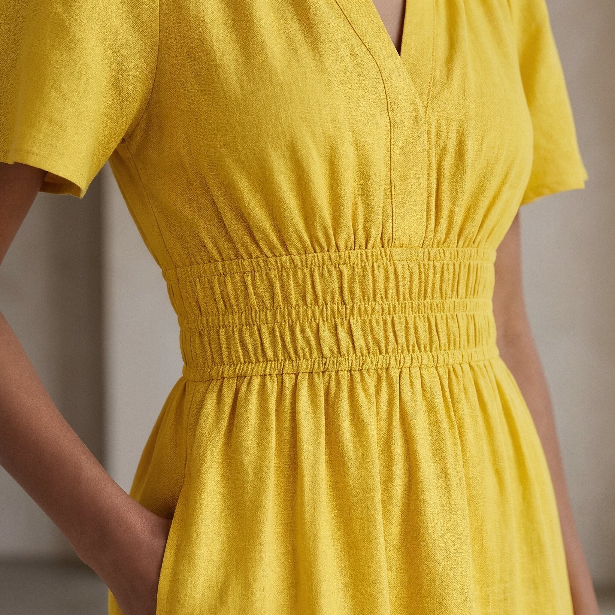Yellow Cotton Poplin Elasticated Short Tier Dress