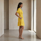 Yellow Cotton Poplin Elasticated Short Tier Dress