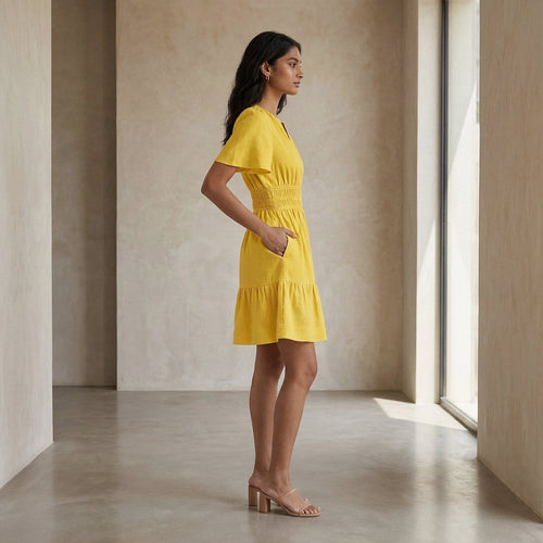 Yellow Cotton Poplin Elasticated Short Tier Dress