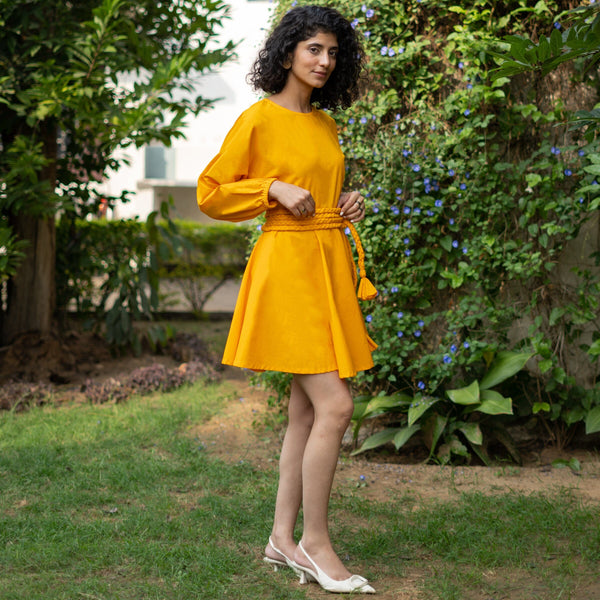 Yellow Cotton Poplin Fit and Flare Balloon Sleeves Short Dress