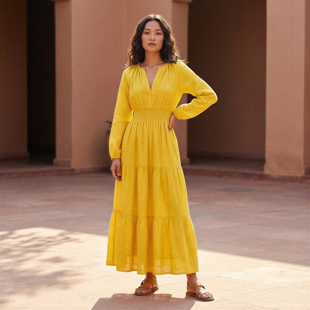 Yellow Cotton Poplin Fit and Flare Maxi Tier Dress