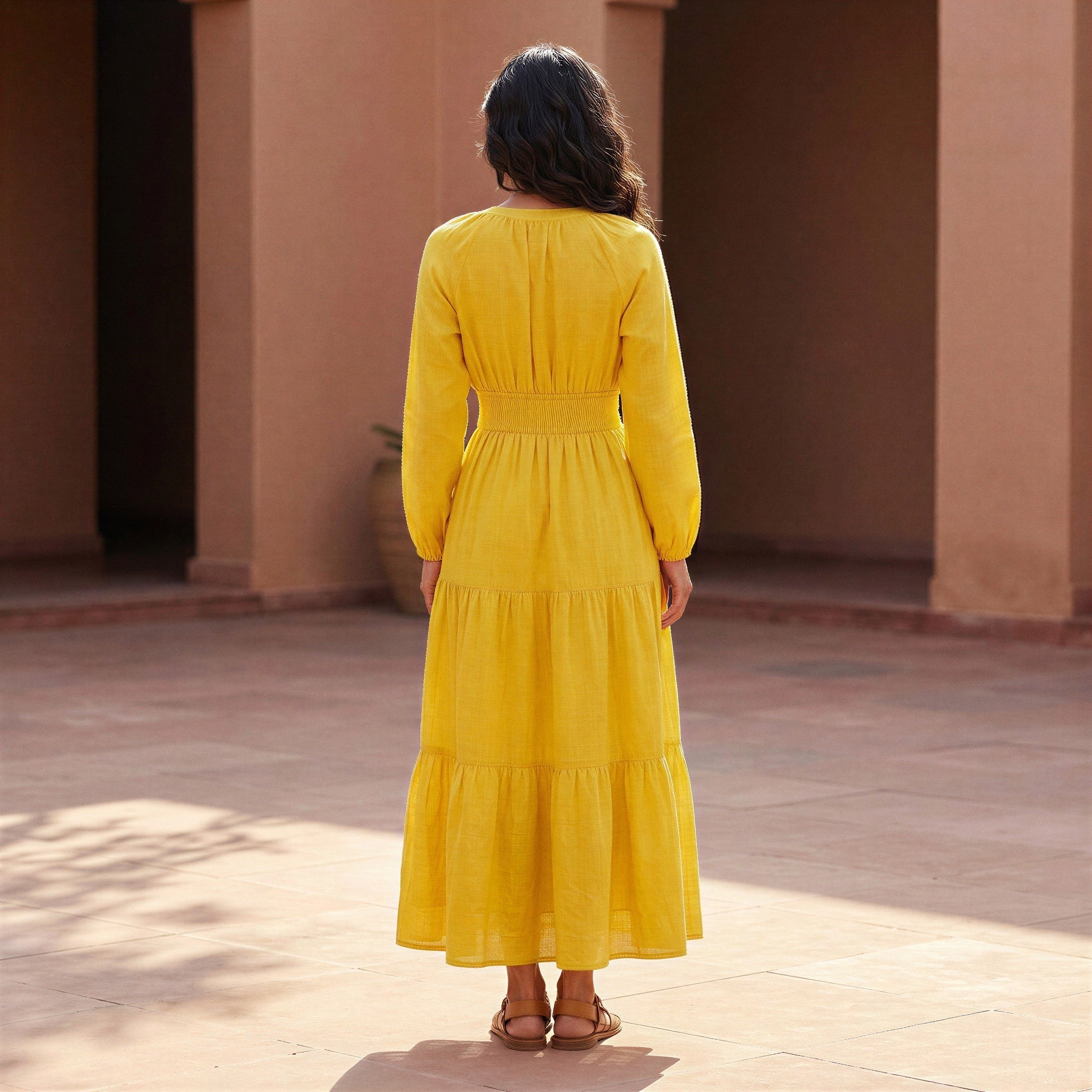 Yellow Cotton Poplin Fit and Flare Maxi Tier Dress