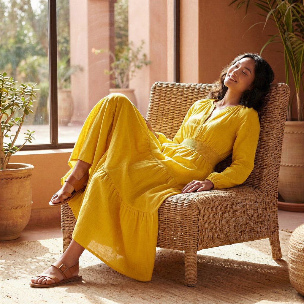 Yellow Cotton Poplin Fit and Flare Maxi Tier Dress