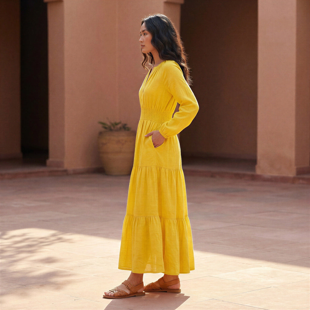 Yellow Cotton Poplin Fit and Flare Maxi Tier Dress