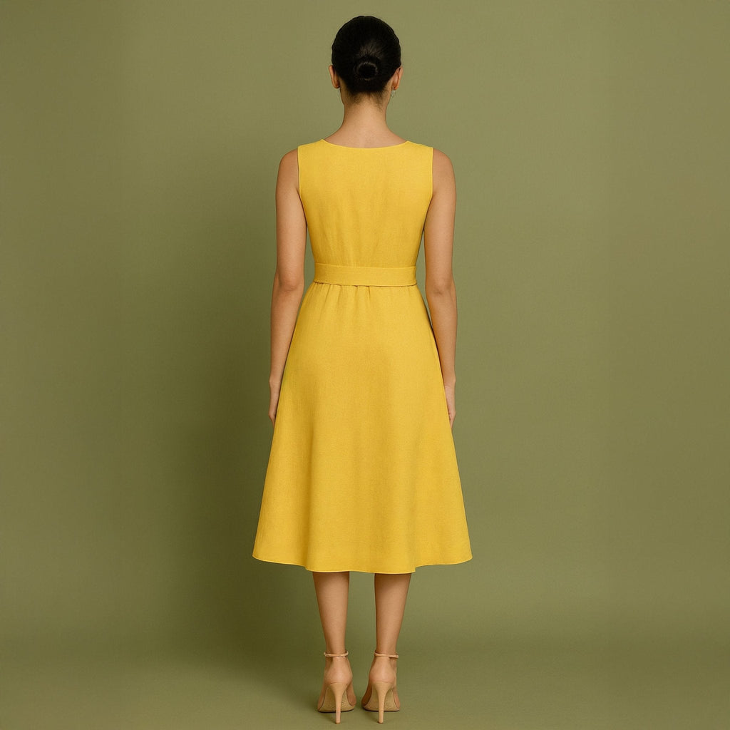 Yellow Cotton Poplin Fit and Flare Sleeveless Midi Dress