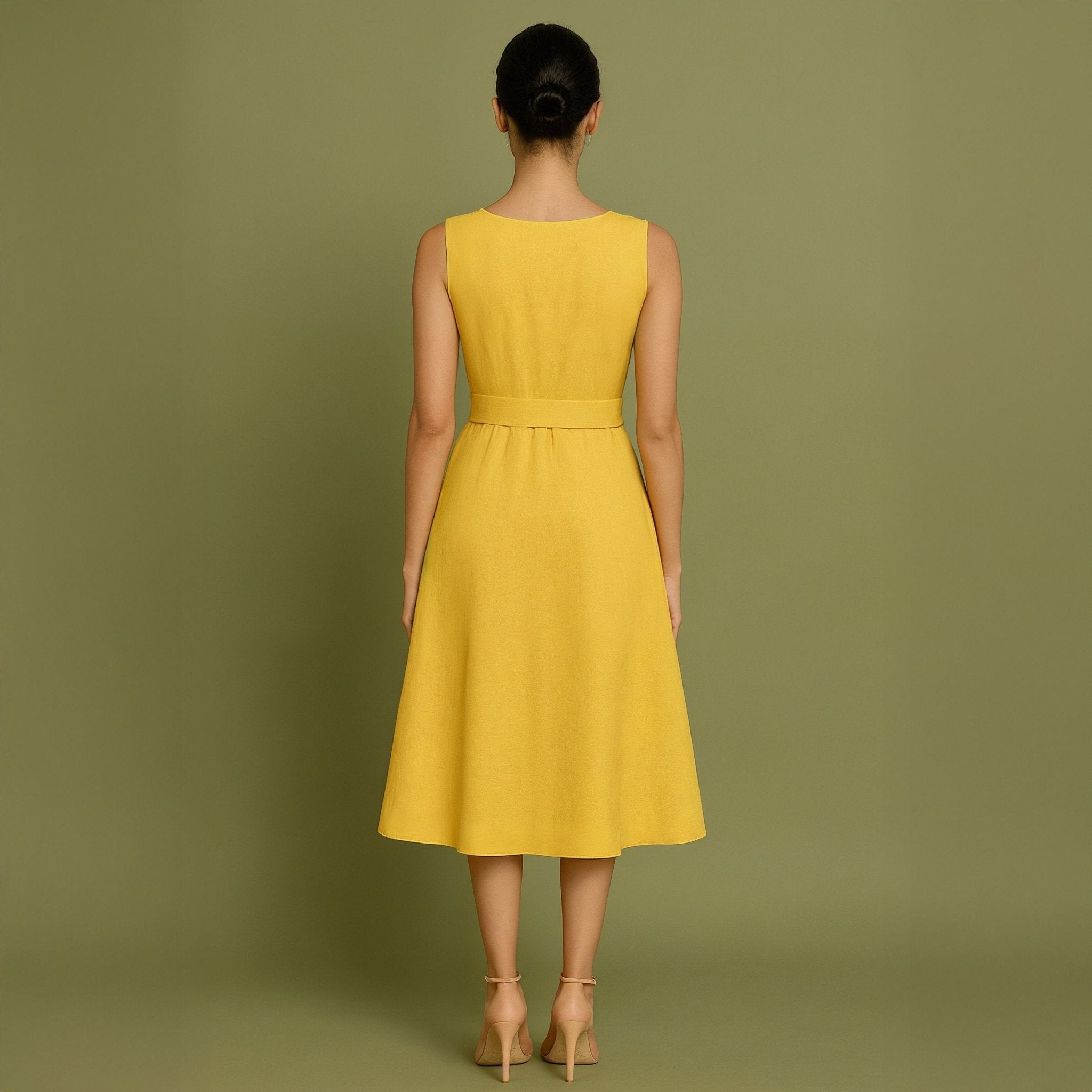Yellow Cotton Poplin Fit and Flare Sleeveless Midi Dress