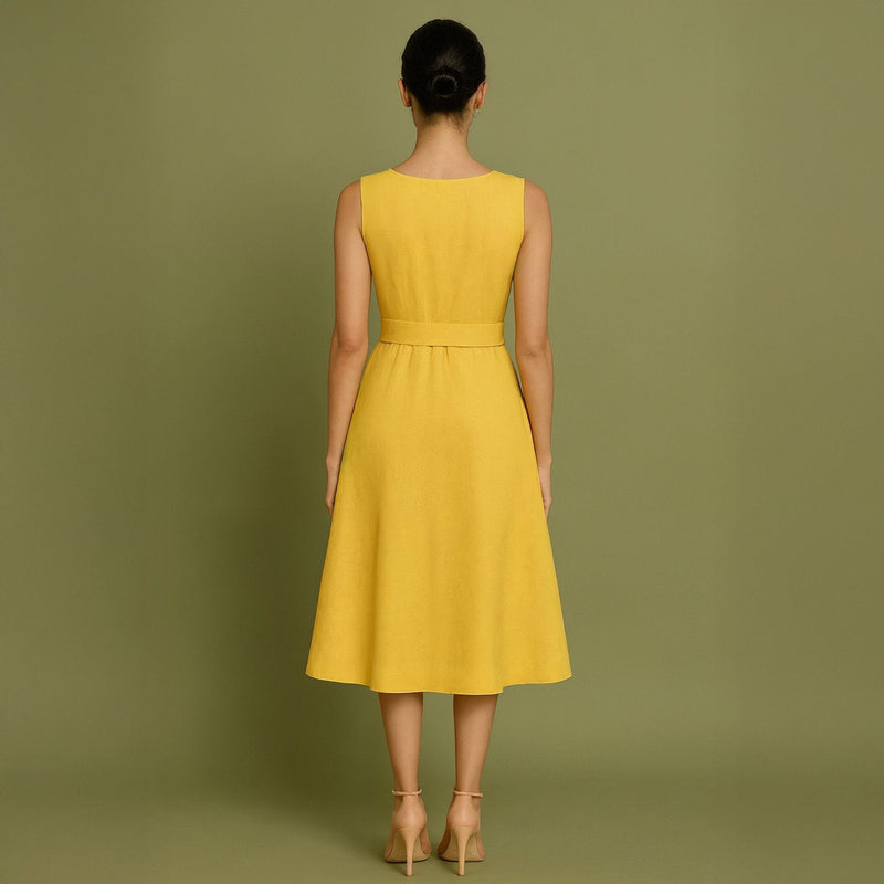 Yellow Cotton Poplin Fit and Flare Sleeveless Midi Dress