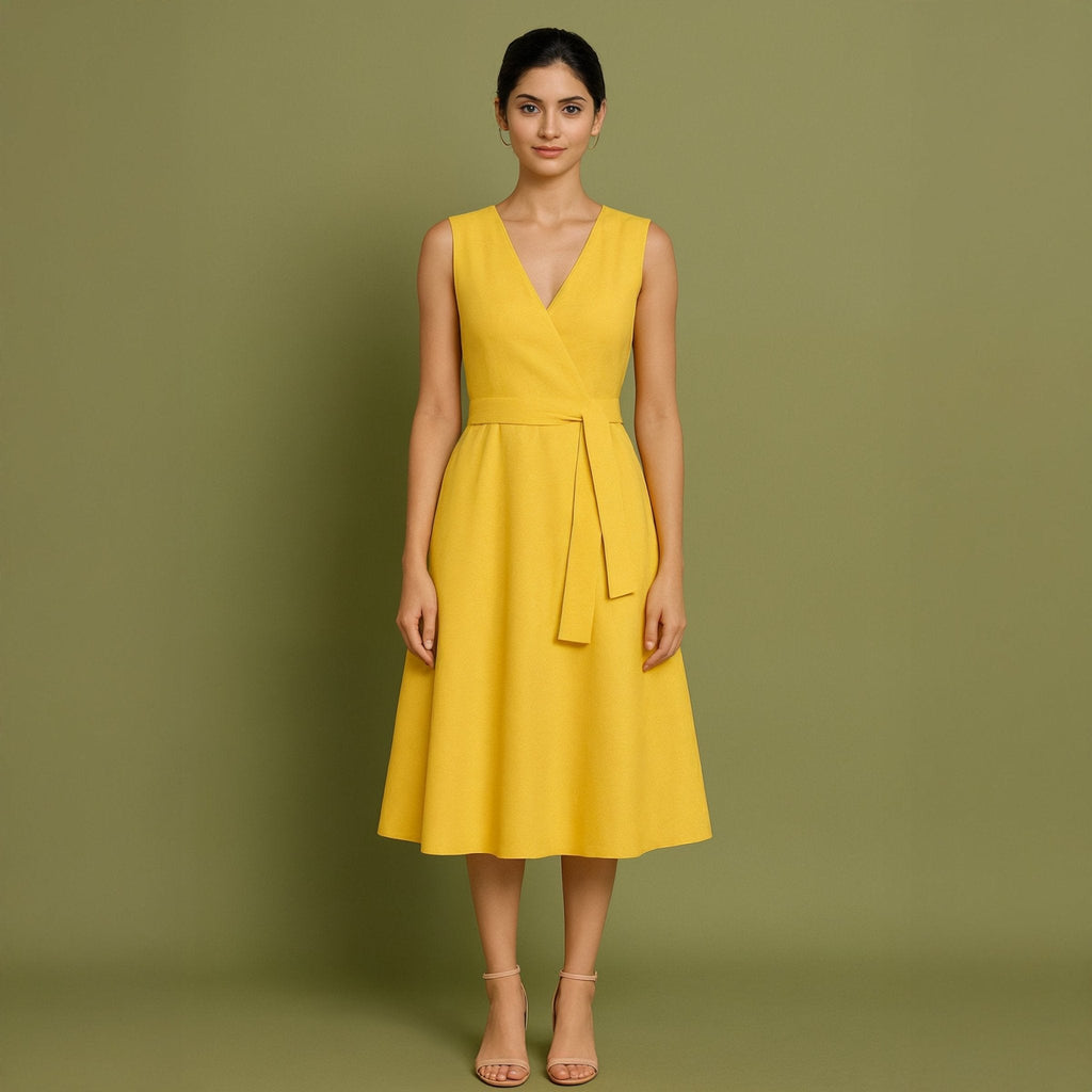 Yellow Cotton Poplin Fit and Flare Sleeveless Midi Dress