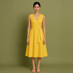 Yellow Cotton Poplin Fit and Flare Sleeveless Midi Dress