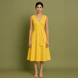 Yellow Cotton Poplin Fit and Flare Sleeveless Midi Dress