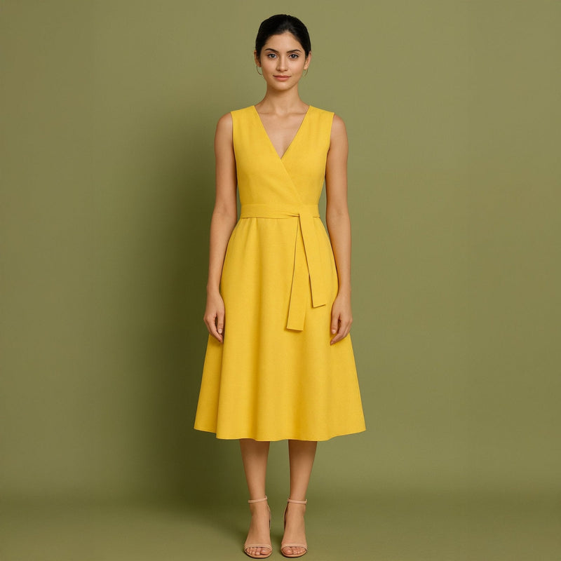 Yellow Cotton Poplin Fit and Flare Sleeveless Midi Dress
