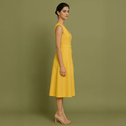 Yellow Cotton Poplin Fit and Flare Sleeveless Midi Dress
