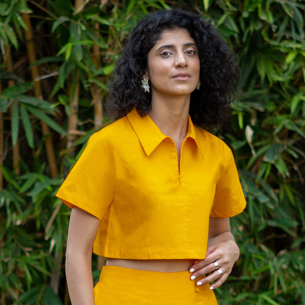 Yellow Cotton Poplin Half Sleeve Crop T-Shirt
