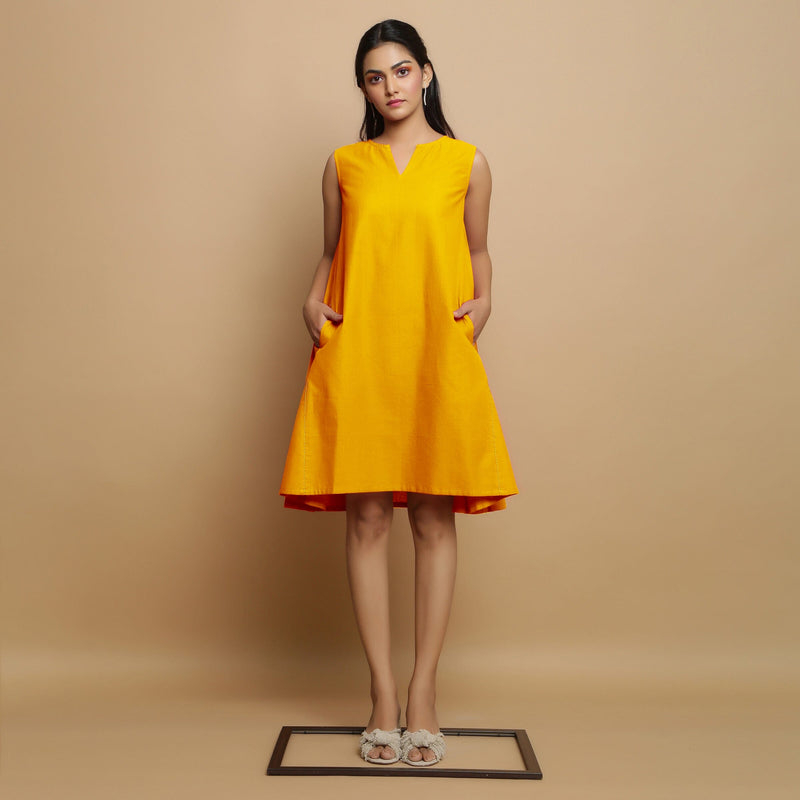 Yellow Cotton Poplin Hand Embroidered Knee-Length Godet Dress