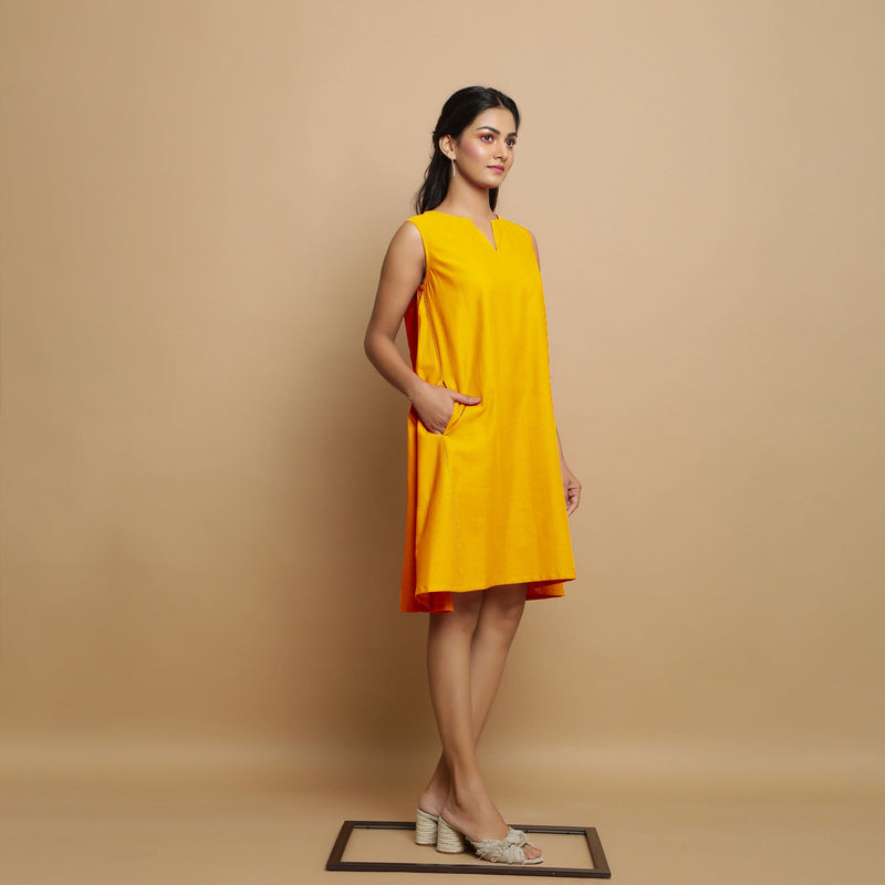 Yellow Cotton Poplin Hand Embroidered Knee-Length Godet Dress