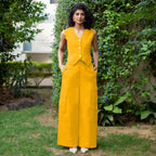 Yellow Cotton Poplin High-Rise Elasticated Wide Legged Cargo Pant
