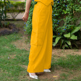 Yellow Cotton Poplin High-Rise Elasticated Wide Legged Cargo Pant