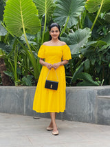 Yellow Cotton Poplin Midi Off-Shoulder Dress