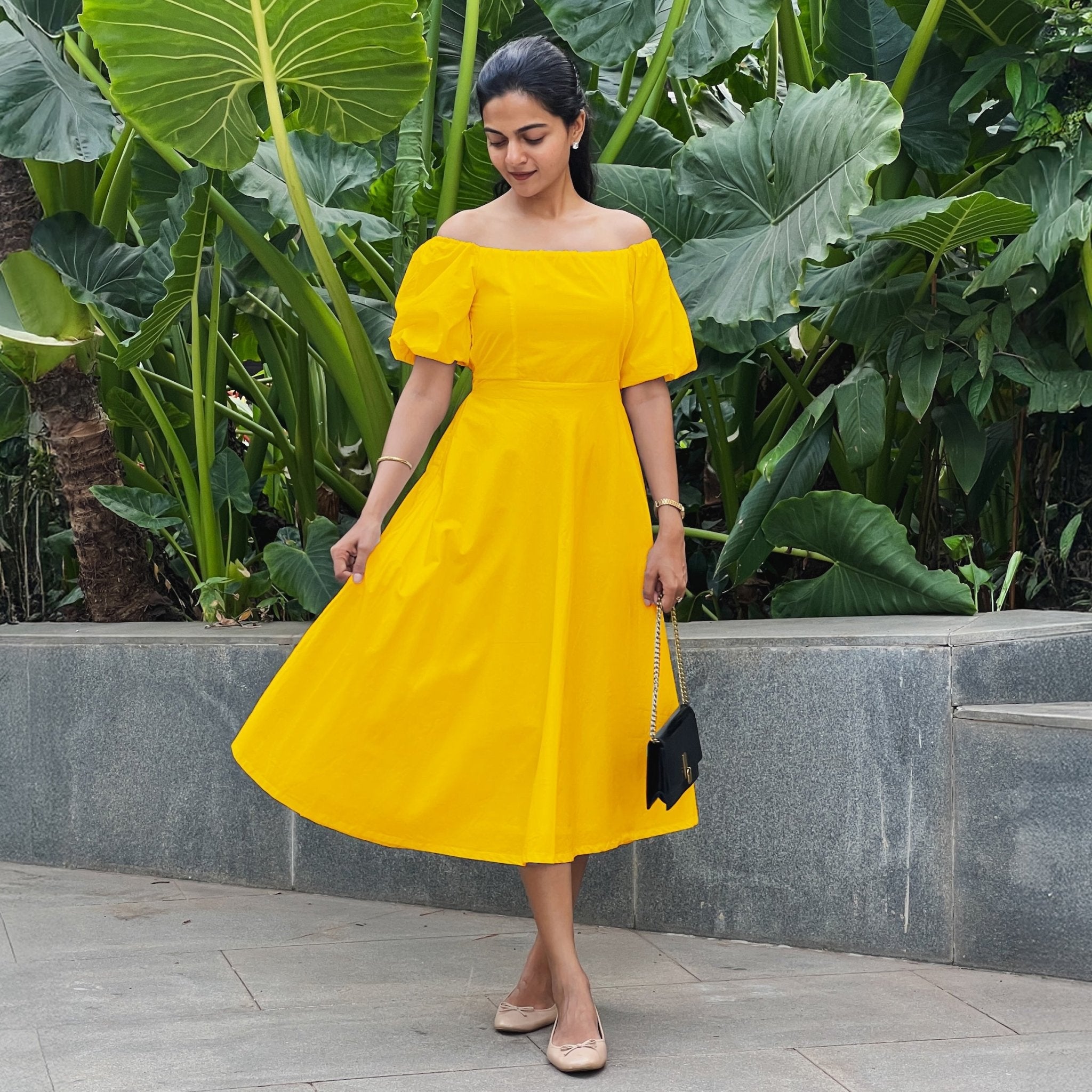 Yellow Cotton Poplin Midi Off-Shoulder Dress