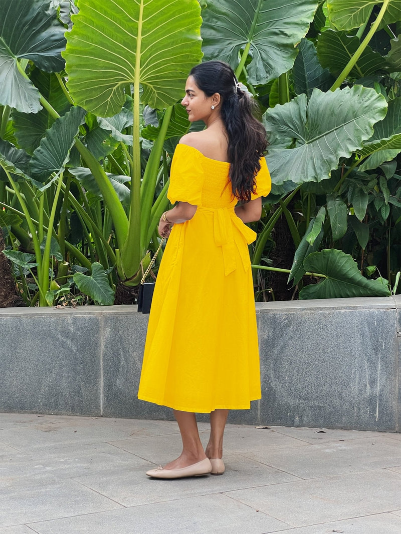 Yellow Cotton Poplin Midi Off-Shoulder Dress