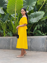 Yellow Cotton Poplin Midi Off-Shoulder Dress