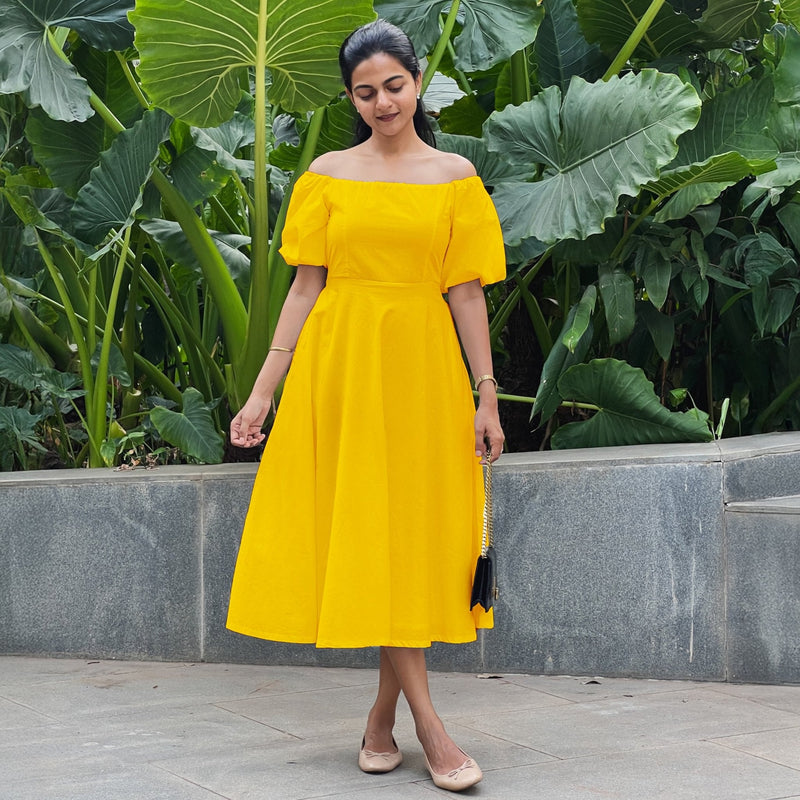 Yellow Cotton Poplin Midi Off-Shoulder Dress