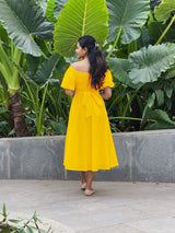 Yellow Cotton Poplin Midi Off-Shoulder Dress