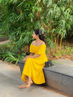 Yellow Cotton Poplin Midi Off-Shoulder Dress