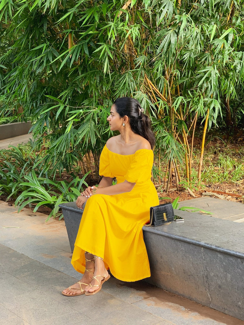 Yellow Cotton Poplin Midi Off-Shoulder Dress