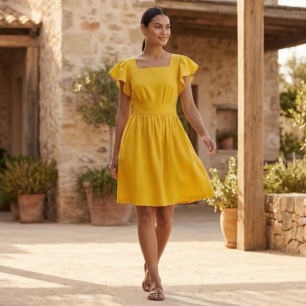 Yellow Cotton Poplin Open-Back Fit and Flare Knee Length Dress