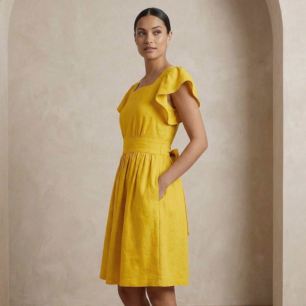 Yellow Cotton Poplin Open-Back Fit and Flare Knee Length Dress