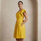 Yellow Cotton Poplin Open-Back Fit and Flare Knee Length Dress