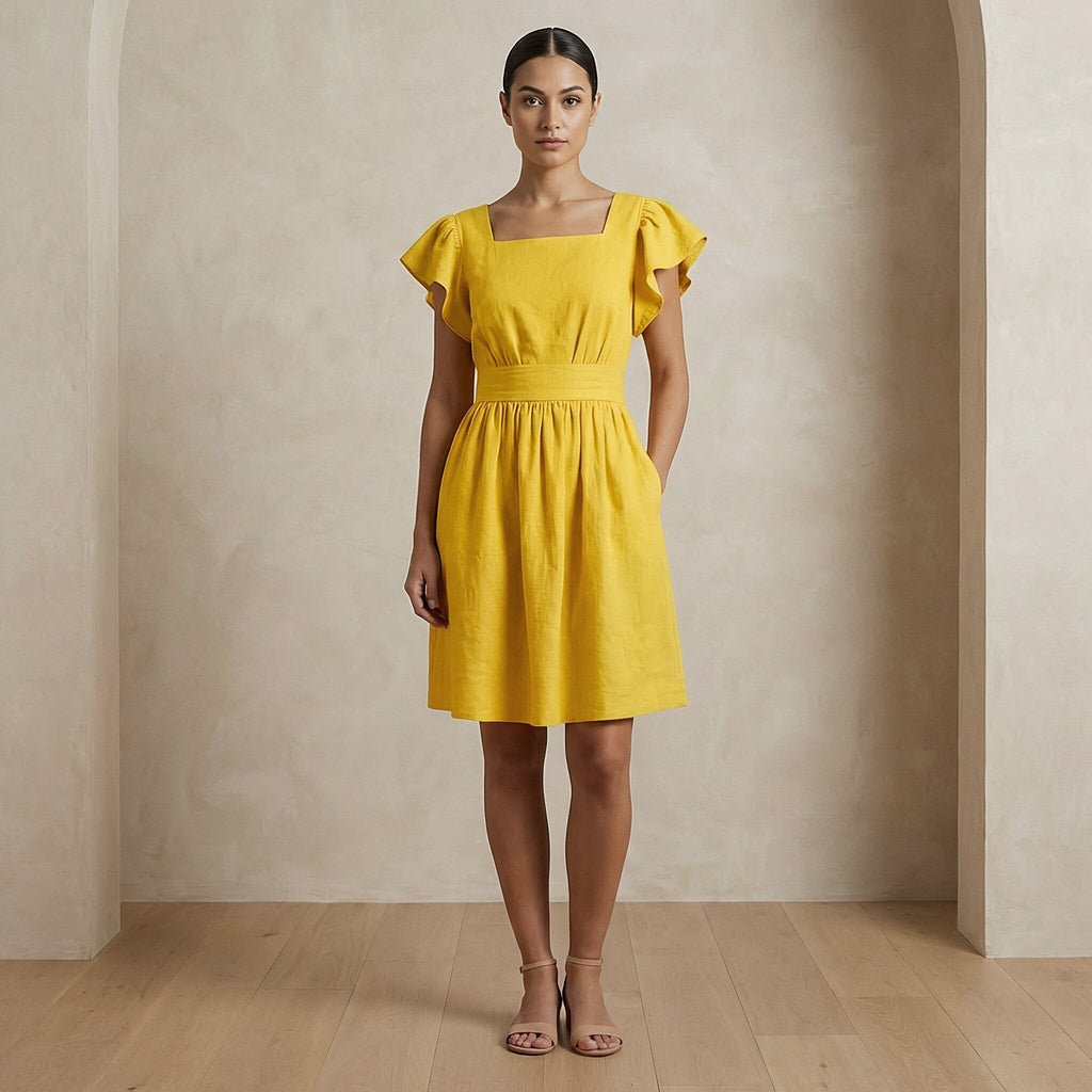 Yellow Cotton Poplin Open-Back Fit and Flare Knee Length Dress