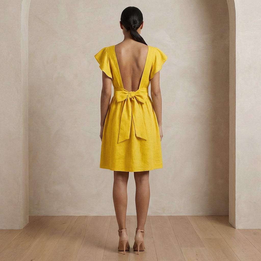 Yellow Cotton Poplin Open-Back Fit and Flare Knee Length Dress