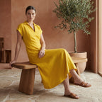 Yellow Cotton Poplin Paneled A-Line Midi Dress