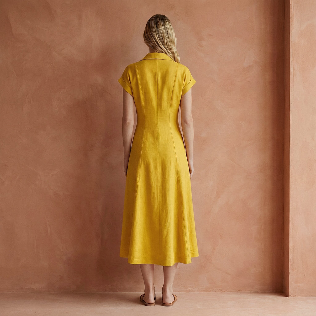 Yellow Cotton Poplin Paneled A-Line Midi Dress