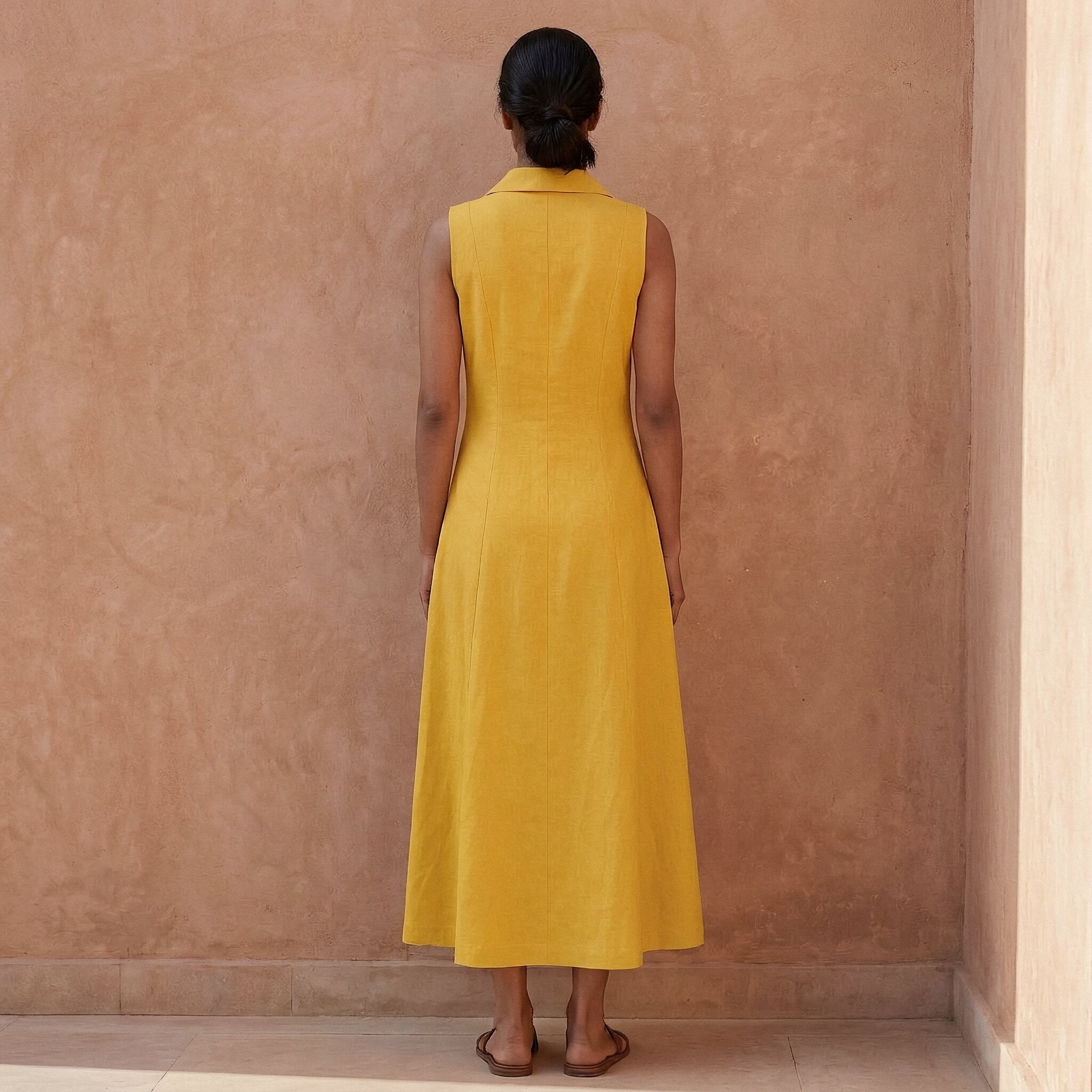 Yellow Cotton Poplin Paneled Sleeveless Maxi Dress