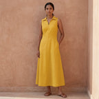 Yellow Cotton Poplin Paneled Sleeveless Maxi Dress