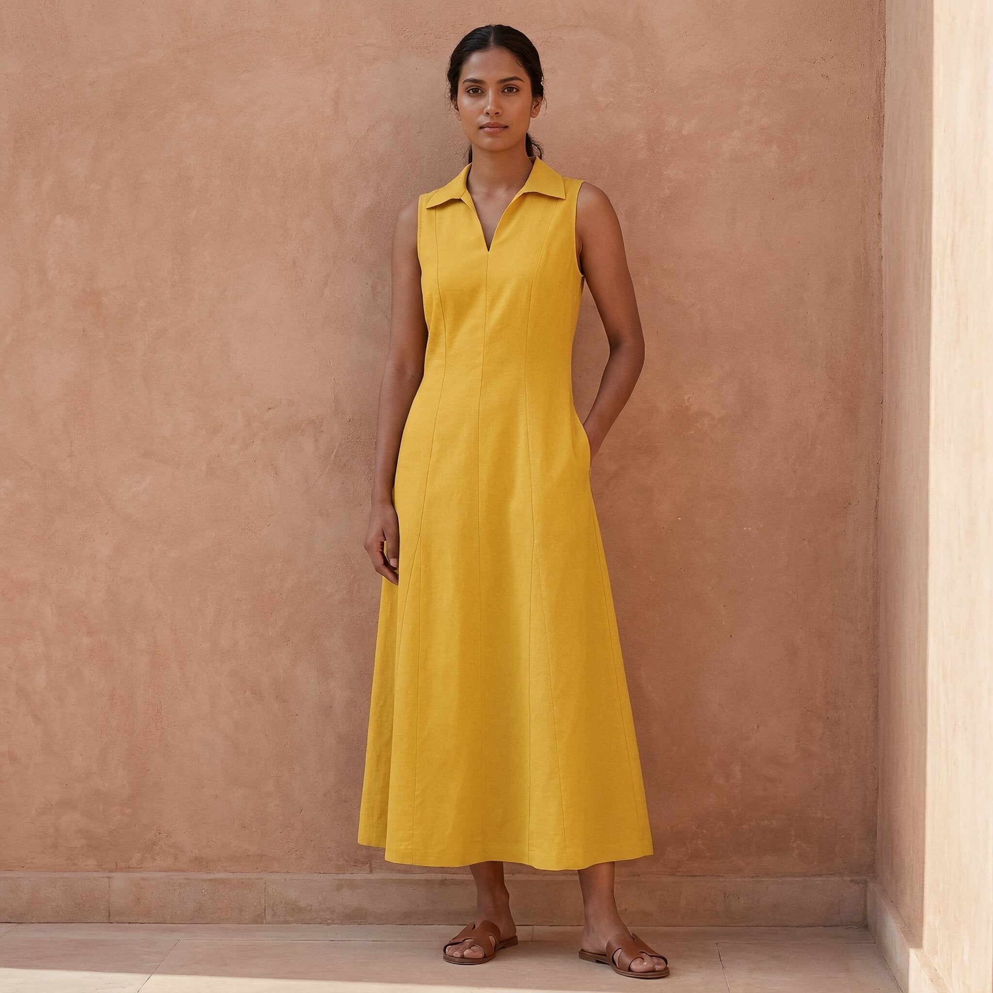 Yellow Cotton Poplin Paneled Sleeveless Maxi Dress