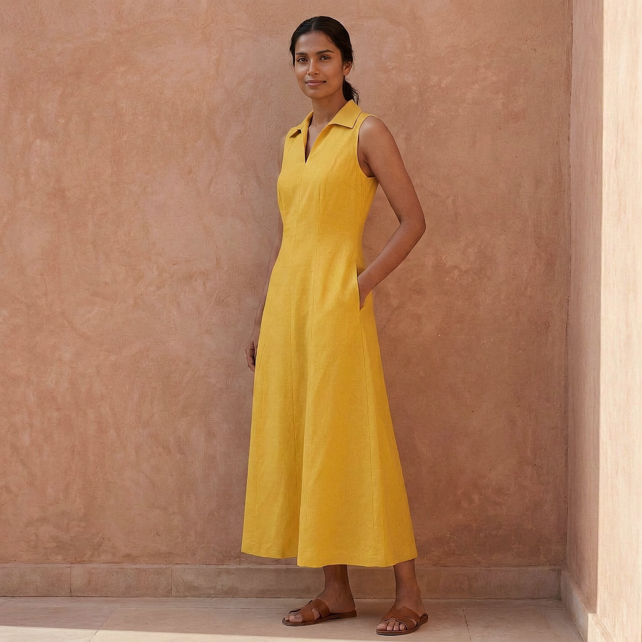 Yellow Cotton Poplin Paneled Sleeveless Maxi Dress