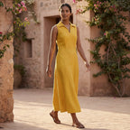 Yellow Cotton Poplin Paneled Sleeveless Maxi Dress