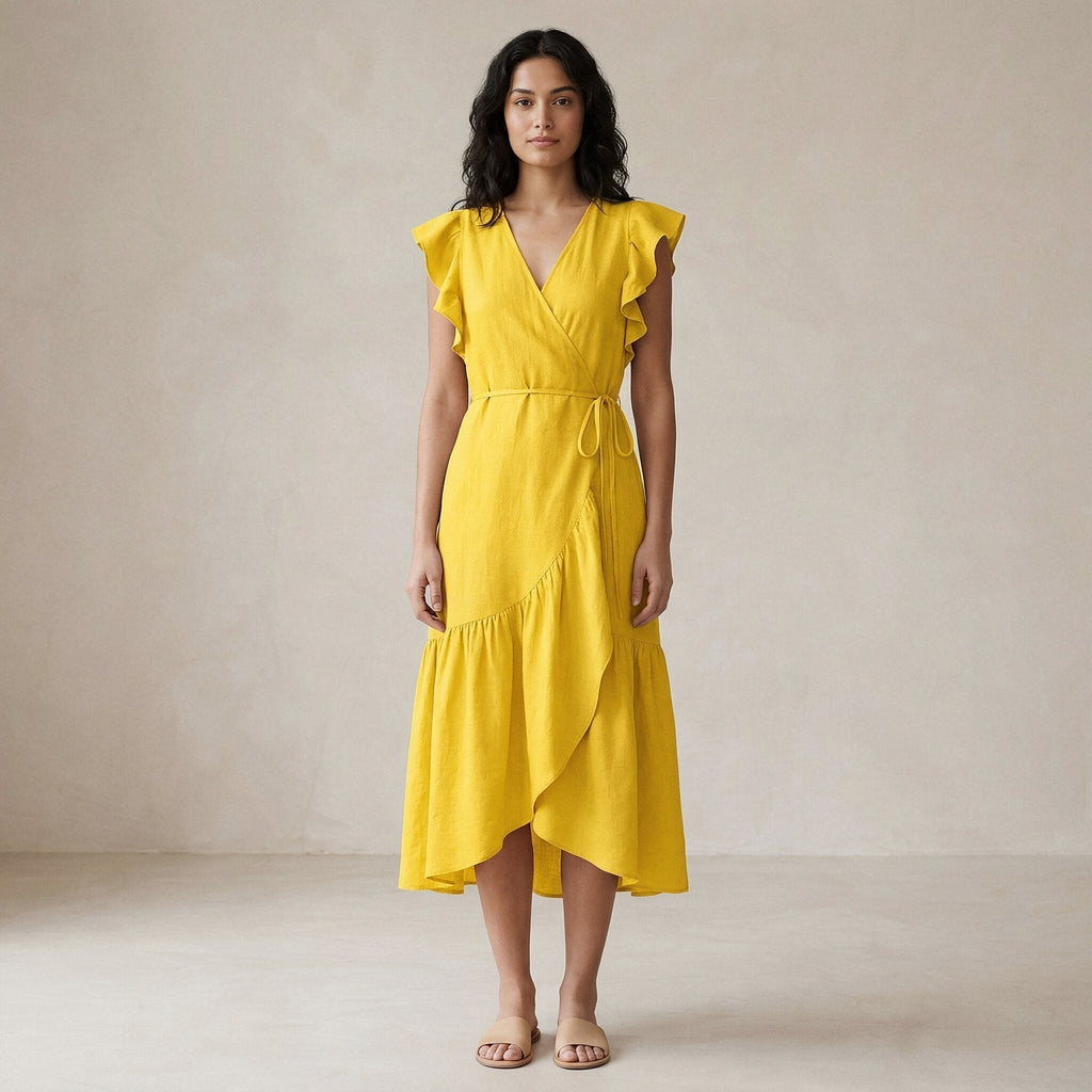 Yellow Cotton Poplin Ruffle Midi Wrap Dress
