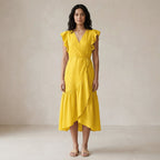 Yellow Cotton Poplin Ruffle Midi Wrap Dress