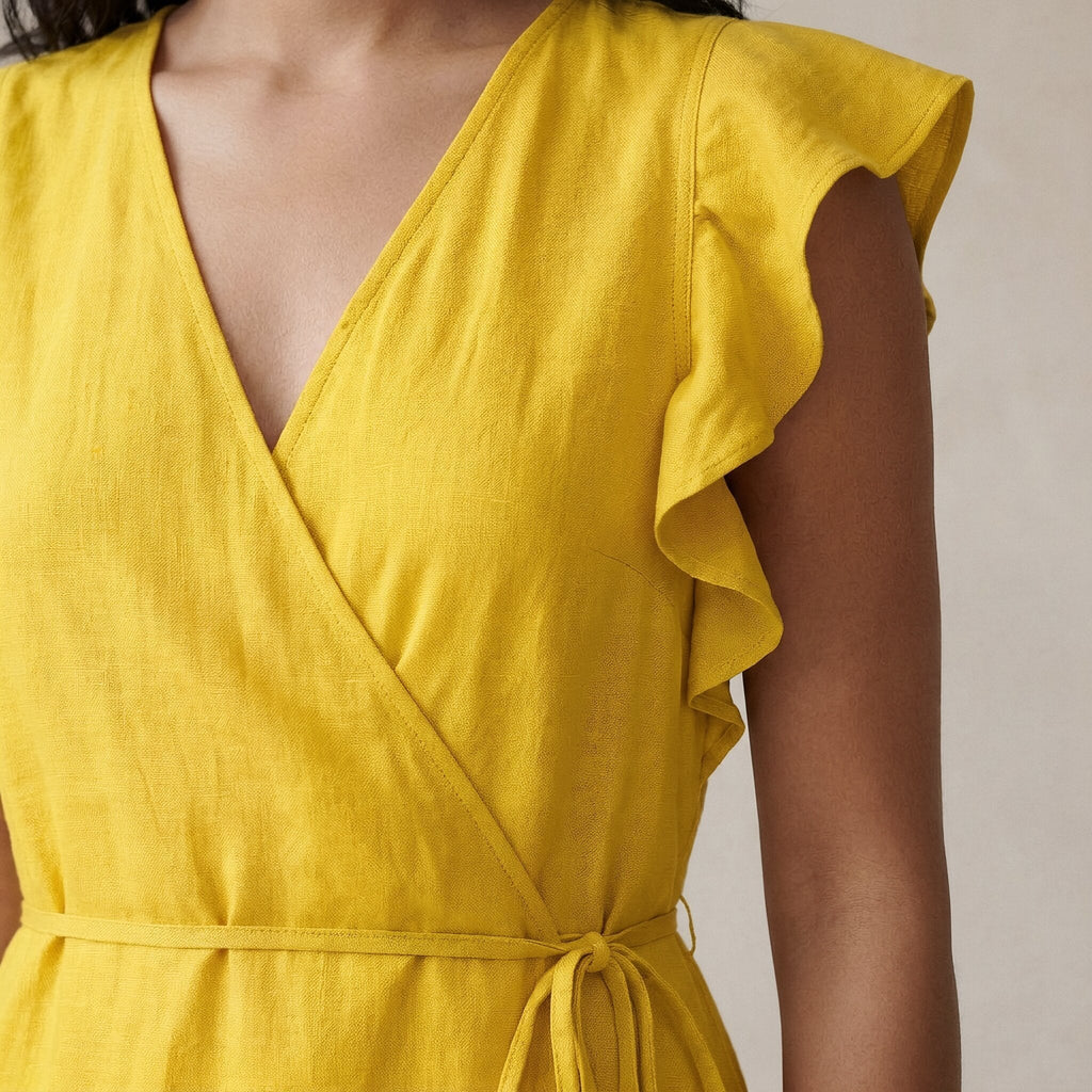 Yellow Cotton Poplin Ruffle Midi Wrap Dress